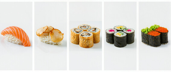 Fresh Sushi Variety Displayed on Clean White Background for Culinary Photography