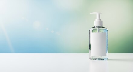 A clear plastic bottle of hand sanitizer with a white pump dispenser on a white table against a blurred green background.