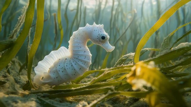 A seahorse glides among sea grass in a sun-dappled, underwater environment, with gentle focus