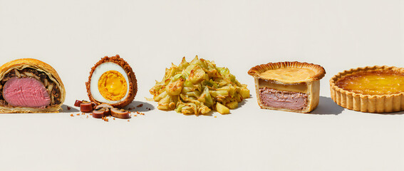 Assorted Traditional British Dishes Displayed on a White Surface with Elegant Presentation