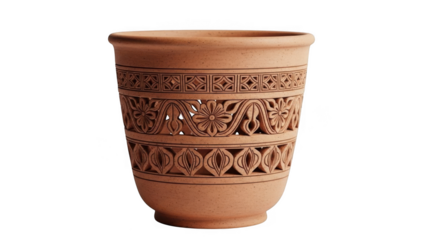 Clay pot with intricate designs isolated on transparent background