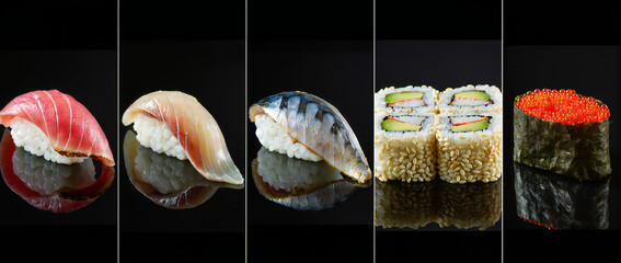 Elegant Display of Various Sushi Types on a Reflective Black Surface for Culinary Photography