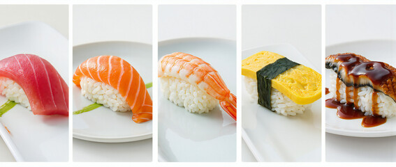 Assorted Sushi Selection Featuring Fresh Tuna, Salmon, Shrimp, Tamago, and Unagi on White Plates