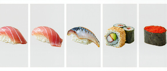 Assorted Sushi on White Background Featuring Two Nigiri, One Mackerel, and Two Rolls