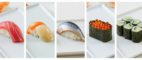 Fresh Sushi Display on White Plates with Assorted Varieties and Colors for Gourmet Cuisine Designs