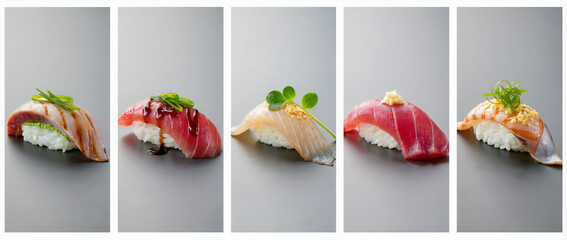 Colorful Sushi Selections with Various Toppings on Rice for Gourmet Presentation