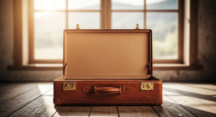 An old, open brown leather suitcase with a handle and brass hardware sits on a wooden floor in a dimly lit room with large windows and a rustic wooden wall.