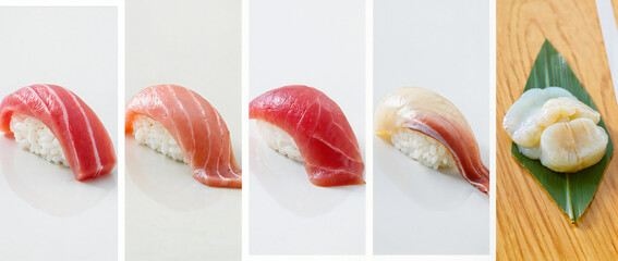 Fresh Sushi Platter with Various Types of Sliced Fish on Rice Against Simple Background