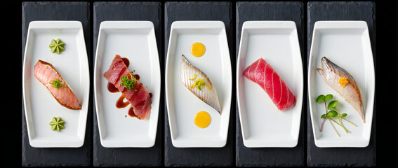 Elegant Presentation of Five Varieties of Sushi on Minimalist White Plates