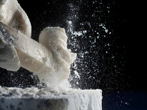 Ice carving artisan chisel ice block flying snow craft sculpture hands detail cold