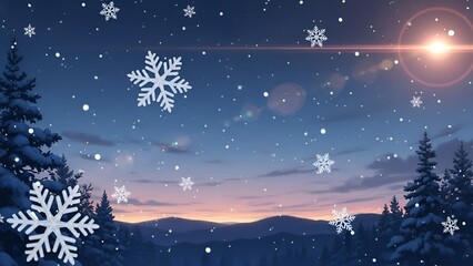 Enchanting winter scene featuring snow-covered trees and falling snowflakes at dusk