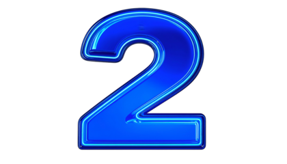 Illuminated, dimensional number "2" in bright blue, with a neon-style outline against a stark black background