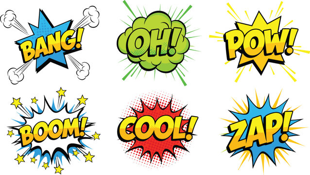 Set of colorful comic book speech bubbles and sound effects with bang boom pow zap words for pop art design concept