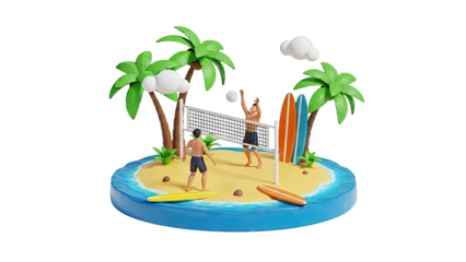 Cartoon Beach Island with Volleyball and Surfboards