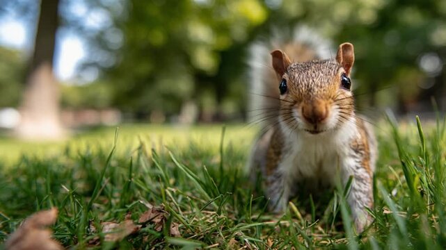 A curious squirrel stands in sunlit park grass, facing the camera, with alert whiskers, in daylight