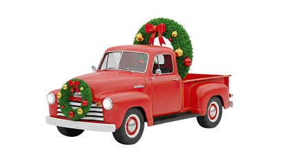 Red Vintage Truck with Christmas Wreath and Ornaments