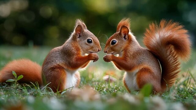 Two red squirrels face each other on grass, bushy tails curved, sunlit forest backdrop in warm sun!