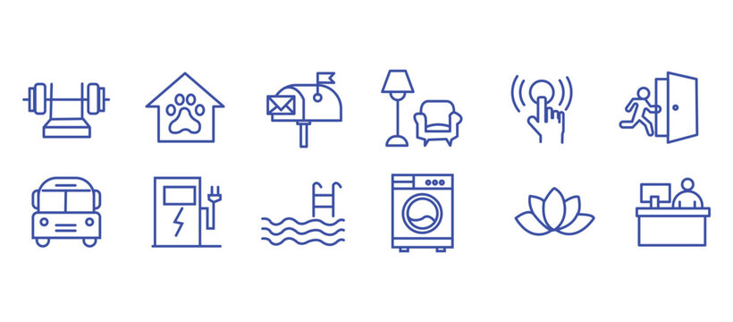 Building amenities icon set. Editable line icons. Vector illustration.