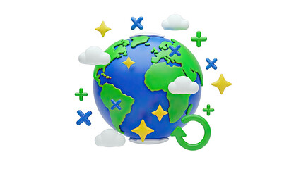 Stylized Earth with Clouds, Stars, and Symbols