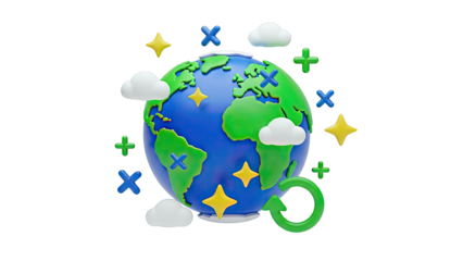 Stylized Earth with Clouds, Stars, and Symbols