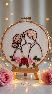 Romantic embroidery hoop art couple silhouette floral portrait wedding decor handmade romantic gift home decoration fairy light rose flower design