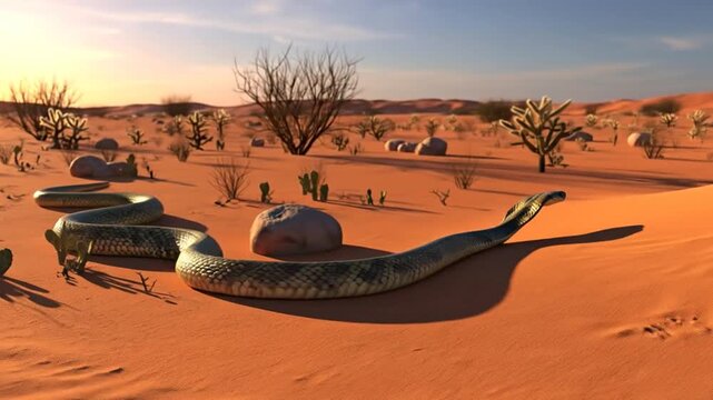 King cobra snake moving across arid desert environment during day.