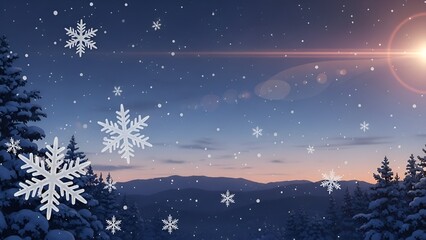 Winter wonderland illustration with snowflakes falling over a mountain landscape