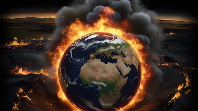 Dramatic apocalyptic scene of Earth engulfed in flames and smoke