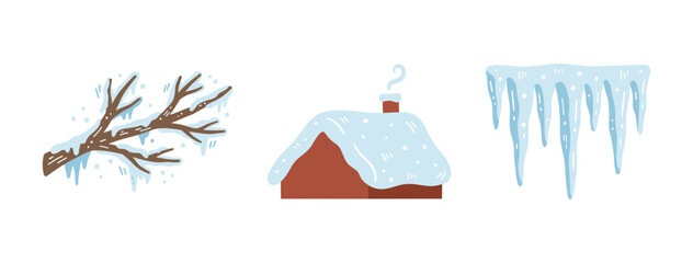 Fototapeta premium Winter Season Concept Illustrations Set with Snow Covered Tree Branch Small House with Chimney and Hanging Icicles Vector Design