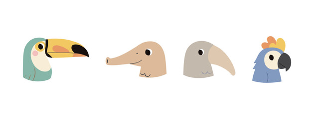 Fototapeta premium Set of Exotic Bird and Animal Heads Featuring Toucan Anteater and Parrot for Tropical Nature and Wildlife Conservation Design Projects