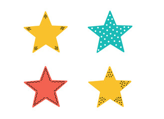 Obraz premium Set of Decorative Star Shapes with Various Textures and Patterns in Yellow Blue and Red Colors for Celebration and Reward Design