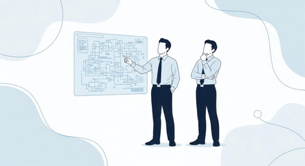 Two Businessmen Analyzing a Flowchart on a Whiteboard in Office