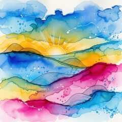 Vibrant Sunrise Over Abstract Wave Landscape