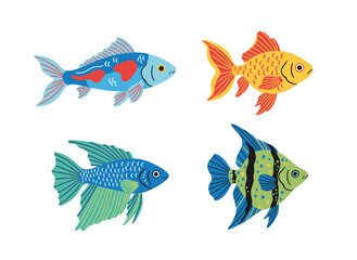 Fototapeta premium Collection of colorful tropical fish and goldfish in hand drawn flat style for aquarium and marine life design elements