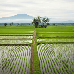 Rice Terraces with Palm Trees and Mountain View