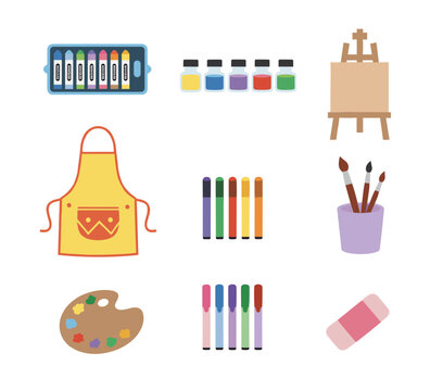 Art Supplies and Painting Equipment Collection Including Palette Brushes Easel Paints Markers Crayons Apron and Eraser Tool