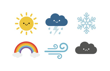 Fototapeta premium Cute Weather Icons Set Featuring Sun Rain Cloud Snow Rainbow Wind and Dark Cloud with Facial Expressions for Kids Design