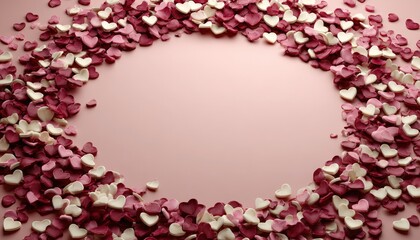 Small heart shaped sprinkles frame a central soft pink copy space background