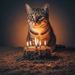 Cat Watches Candles on Birthday Cake