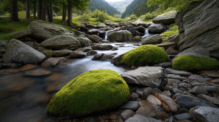 Moss rock stream forest nature landscape green water tranquil mountain. Moss covered rocks and clear stream flow through lush green forest