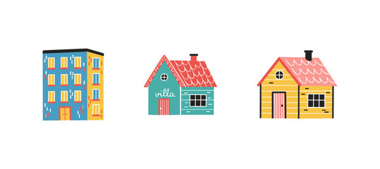 Colorful Residential Building Set Including Apartment Block and Suburban Houses with Villa Text for Real Estate Concept Design © Zhangxiao