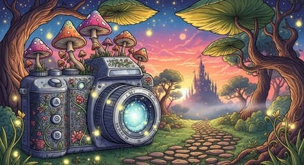 Obraz premium Magical Camera in Enchanted Forest with Castle and Fairylights at Sunset
