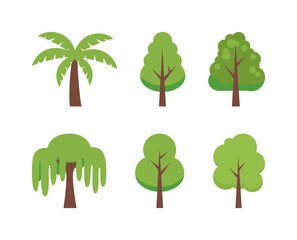 Collection of Various Green Tree Species Icons Including Palm Willow and Deciduous Trees for Environment and Landscape Design