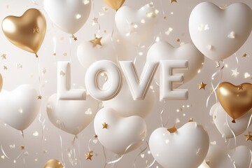 Dimensional white and gold heart shaped balloons float around embossed letters spelling the word love