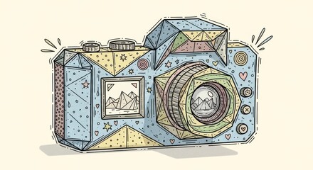 Origami Camera Illustration with Geometric Patterns and Mountain Landscape
