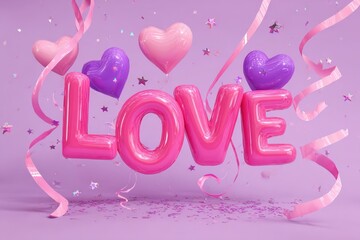 Inflatable pink lettering spelling out the word love floats amidst purple and pink heart balloons and swirling ribbons
