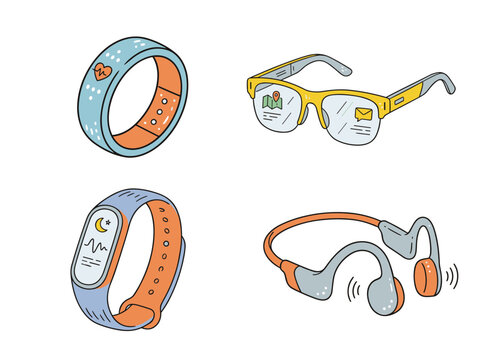 Modern Wearable Technology Set with Smartwatch Fitness Tracker VR Glasses and Bone Conduction Headphones Isolated on White