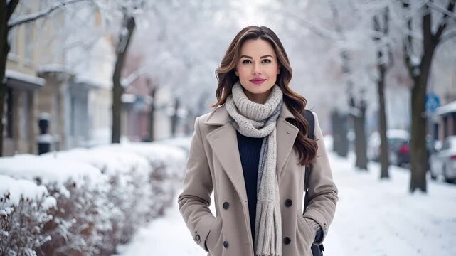 冬の都市風景を背景に立つ白人女性を描いたフォトリアル映像。
雪景色と柔らかな冬の自然光が、落ち着きと親しみやすさを演出します。