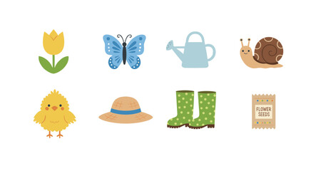 Spring garden elements set with flower butterfly watering can snail chick straw hat rubber boots and flower seeds packet icons © Zhangxiao