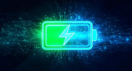 Glowing digital battery icon with a bright lightning bolt symbolizes power transfer across circuit boards